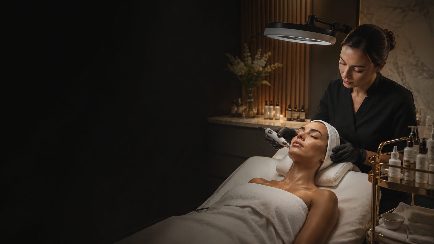 Clinical practitioner performing an advanced facial treatment under ring light in a luxury clinic
