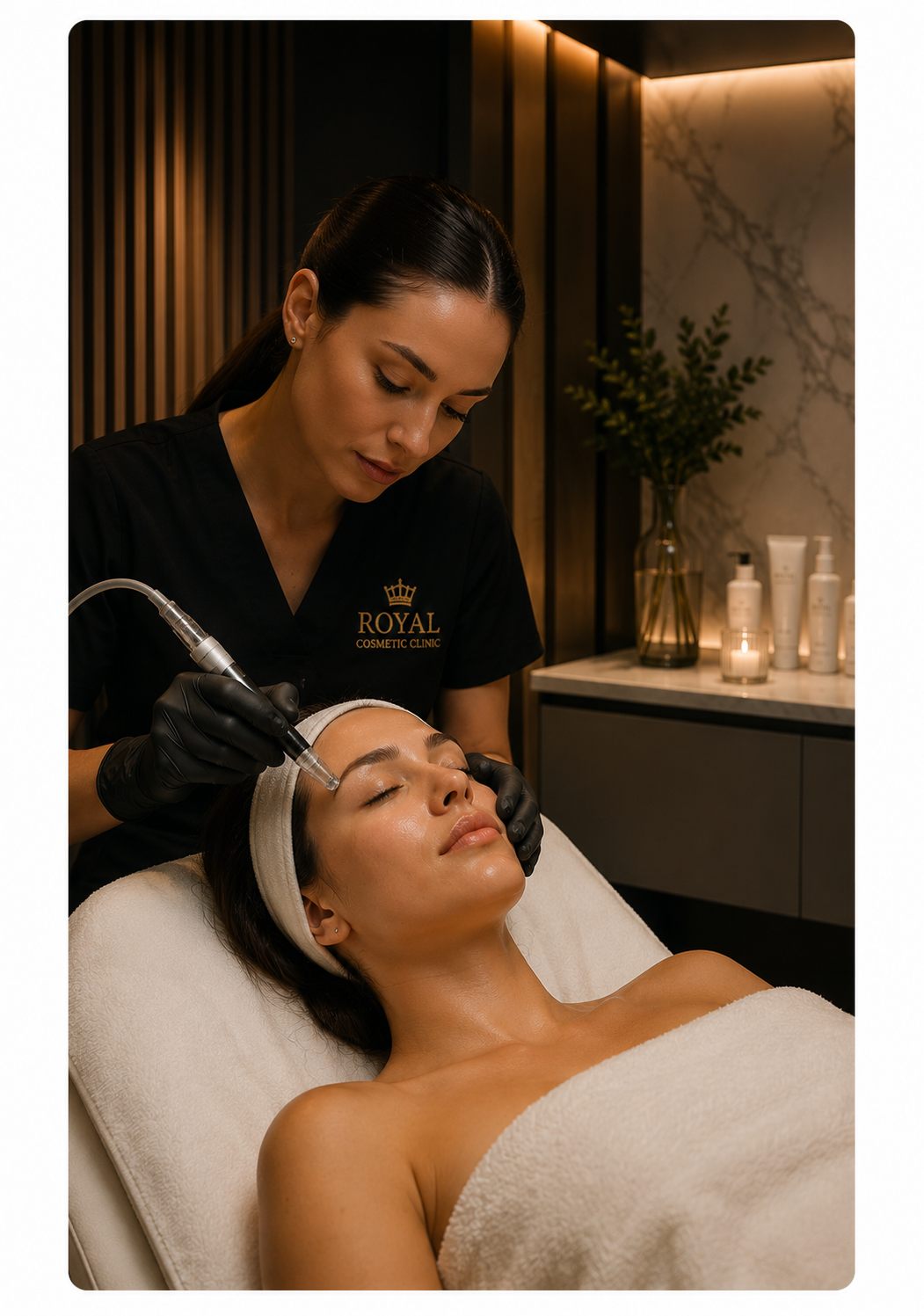 Royal Cosmetic Clinic practitioner performing a facial treatment with branded clinical attire